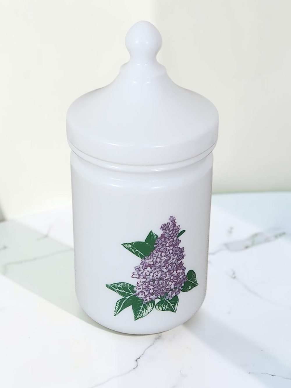 Vintage Milk Glass Apothecary Canister with Purple Lilac Motif